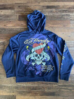 Ed Hardy Mens Pullover Hoodie Love Kills Slowly Blue Size Large Y2K